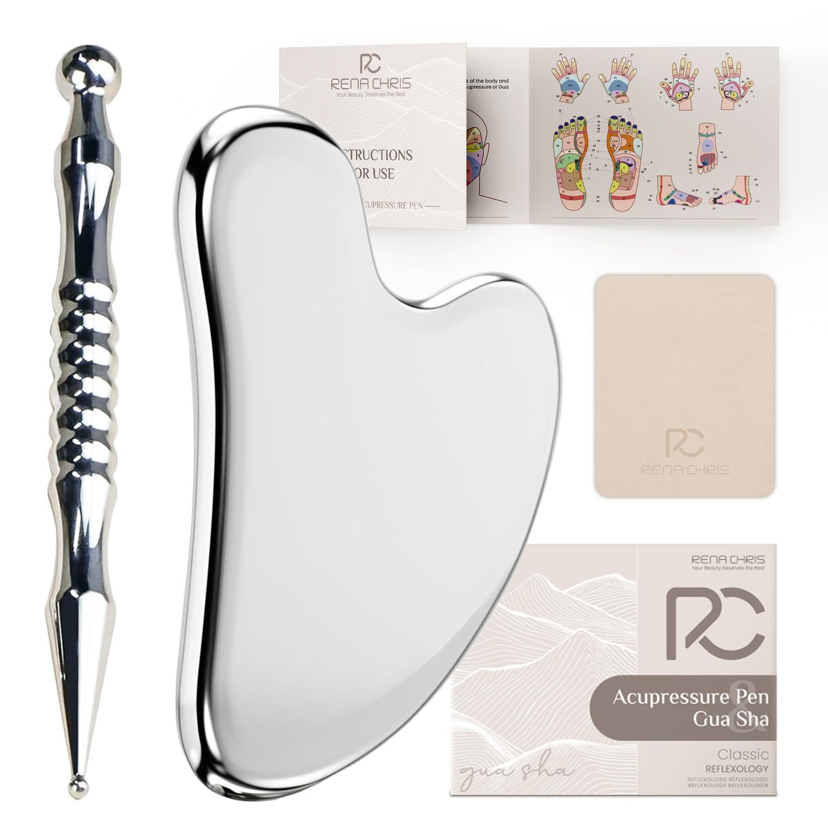 Rena Chris Akupunktur-Stift und Gua Sha Set – Manuelle Reflexzonenwerkzeuge zur Linderung von Muskelverspannungen und Schmerzen, Akupressurstift und Edelstahl-Gua Sha Set mit Reflexzonenkarte, einfach zu verwenden