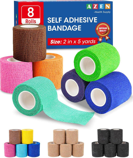AZEN 8er-Pack Selbstklebende Bandage, 2" x 5 Yards Elastische Kohäsive Bandage, Farbiges Sporttape, Veterinärbandage, Knöcheltape, Tattoo-Griffbandage