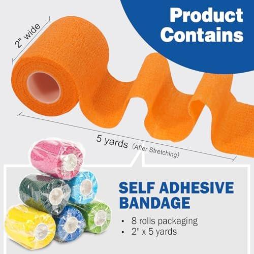 AZEN 8er-Pack Selbstklebende Bandage, 2" x 5 Yards Elastische Kohäsive Bandage, Farbiges Sporttape, Veterinärbandage, Knöcheltape, Tattoo-Griffbandage