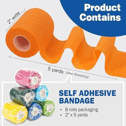 AZEN 8er-Pack Selbstklebende Bandage, 2" x 5 Yards Elastische Kohäsive Bandage, Farbiges Sporttape, Veterinärbandage, Knöcheltape, Tattoo-Griffbandage
