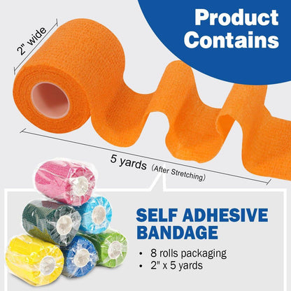 AZEN 8er-Pack Selbstklebende Bandage, 2" x 5 Yards Elastische Kohäsive Bandage, Farbiges Sporttape, Veterinärbandage, Knöcheltape, Tattoo-Griffbandage