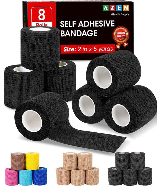 AZEN 8er-Pack selbstklebende Bandage, 2" x 5 Yards elastische Kohäsivbandage, schwarzes Athletiktape, Veterinärbandage, Knöcheltape, Tattoo-Grifftape