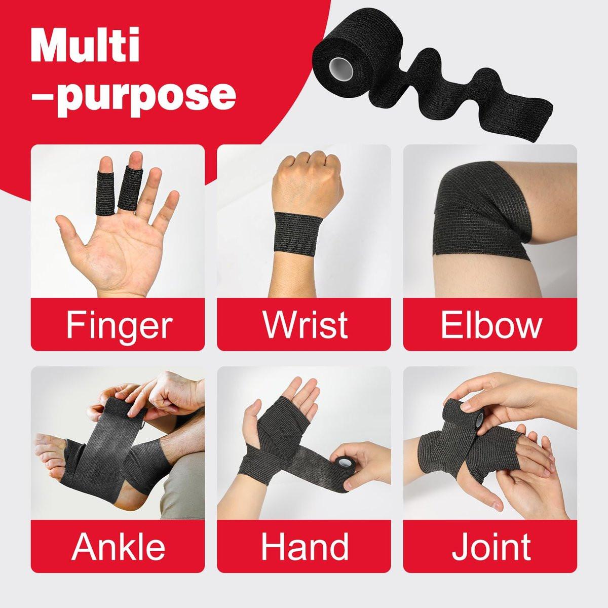 AZEN 8er-Pack selbstklebende Bandage, 2" x 5 Yards elastische Kohäsivbandage, schwarzes Athletiktape, Veterinärbandage, Knöcheltape, Tattoo-Grifftape