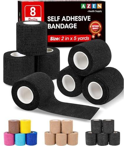 AZEN 8er-Pack selbstklebende Bandage, 2" x 5 Yards elastische Kohäsivbandage, schwarzes Athletiktape, Veterinärbandage, Knöcheltape, Tattoo-Grifftape