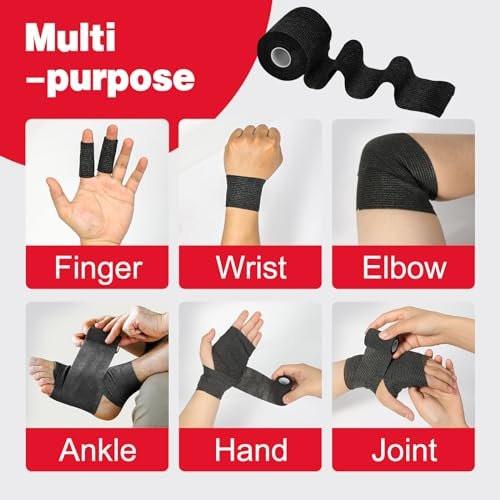 AZEN 8er-Pack selbstklebende Bandage, 2" x 5 Yards elastische Kohäsivbandage, schwarzes Athletiktape, Veterinärbandage, Knöcheltape, Tattoo-Grifftape