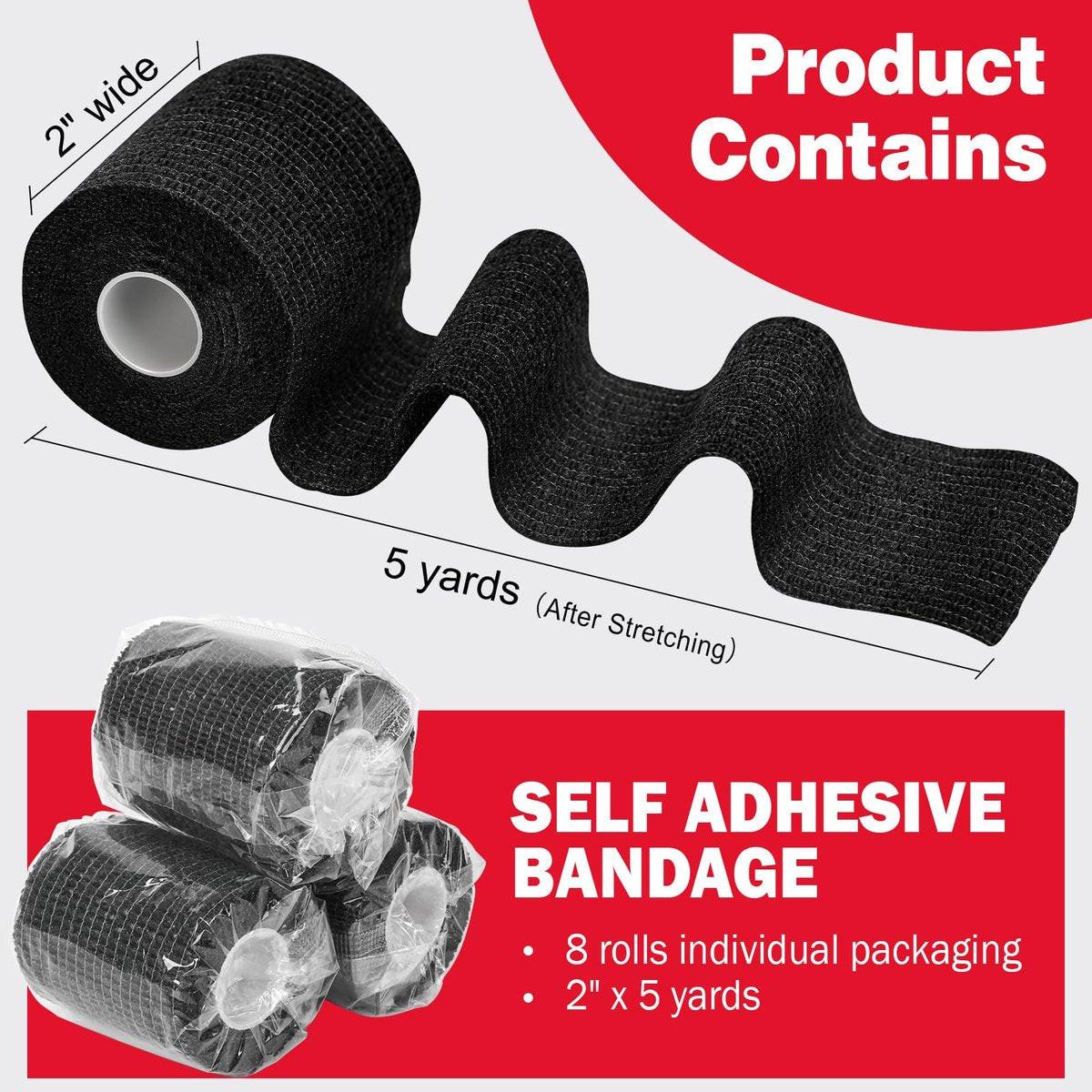 AZEN 8er-Pack selbstklebende Bandage, 2" x 5 Yards elastische Kohäsivbandage, schwarzes Athletiktape, Veterinärbandage, Knöcheltape, Tattoo-Grifftape