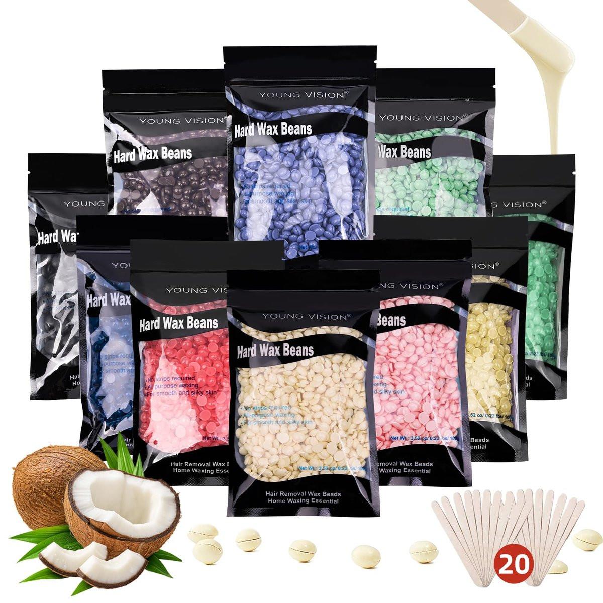 YOUNG VISION Hartwachsperlen für die Haarentfernung, 2,2 Pfund (1000g) Nachfüllpackung, 10 Beutel, für empfindliche Haut, Gesicht, Brasilianisch, Bikini, Körper, weiche und schmerzlose Enthaarungsbohnen, mehrfarbig
