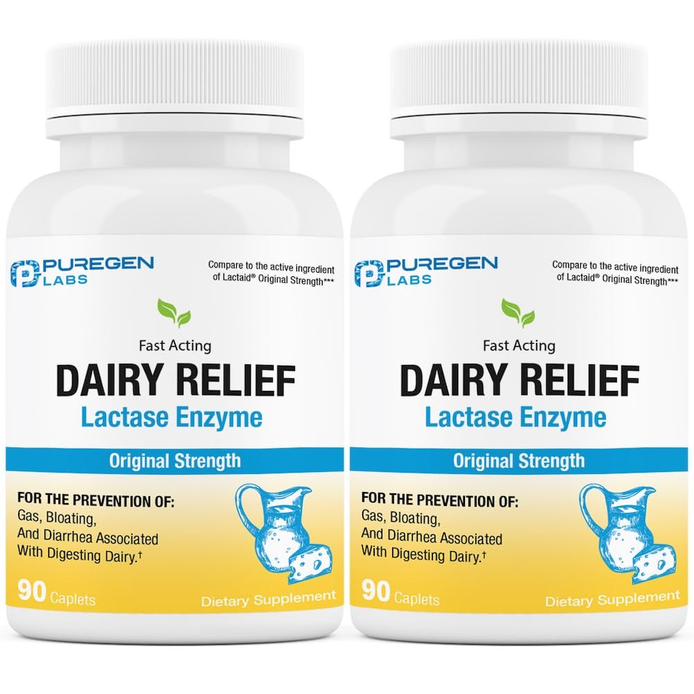Puregen Labs Dairy Relief Lactase-Enzym 3000 FCC | 2er-Pack mit 180 Kapseln gegen Laktoseintoleranz