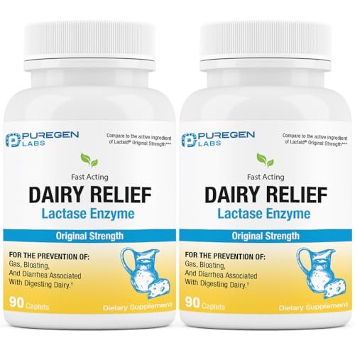 Puregen Labs Dairy Relief Lactase-Enzym 3000 FCC | 2er-Pack mit 180 Kapseln gegen Laktoseintoleranz