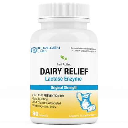 Puregen Labs Dairy Relief – Schnell wirkende Laktase-Enzym 3000 FCC, Laktoseintoleranz Tabletten, 90 Kapseln