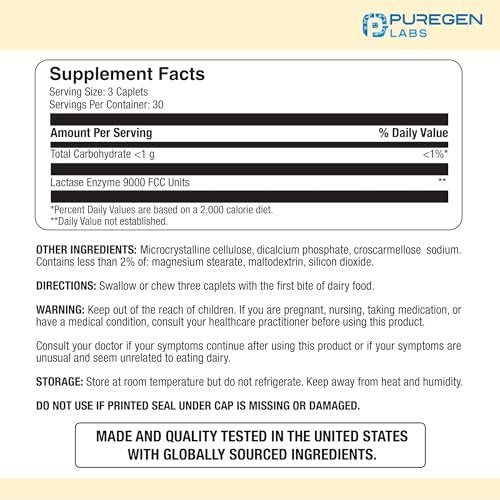 Puregen Labs Dairy Relief – Schnell wirkende Laktase-Enzym 3000 FCC, Laktoseintoleranz Tabletten, 90 Kapseln
