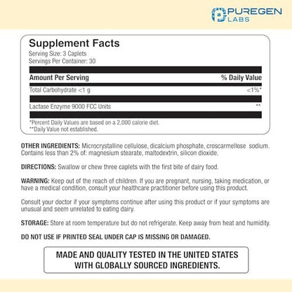Puregen Labs Dairy Relief – Schnell wirkende Laktase-Enzym 3000 FCC, Laktoseintoleranz Tabletten, 90 Kapseln