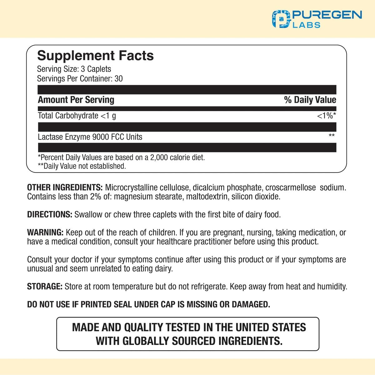 Puregen Labs Dairy Relief – Schnell wirkende Laktase-Enzym 3000 FCC, Laktoseintoleranz Tabletten, 90 Kapseln