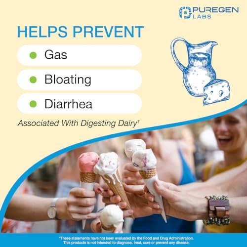 Puregen Labs Dairy Relief – Schnell wirkende Laktase-Enzym 3000 FCC, Laktoseintoleranz Tabletten, 90 Kapseln