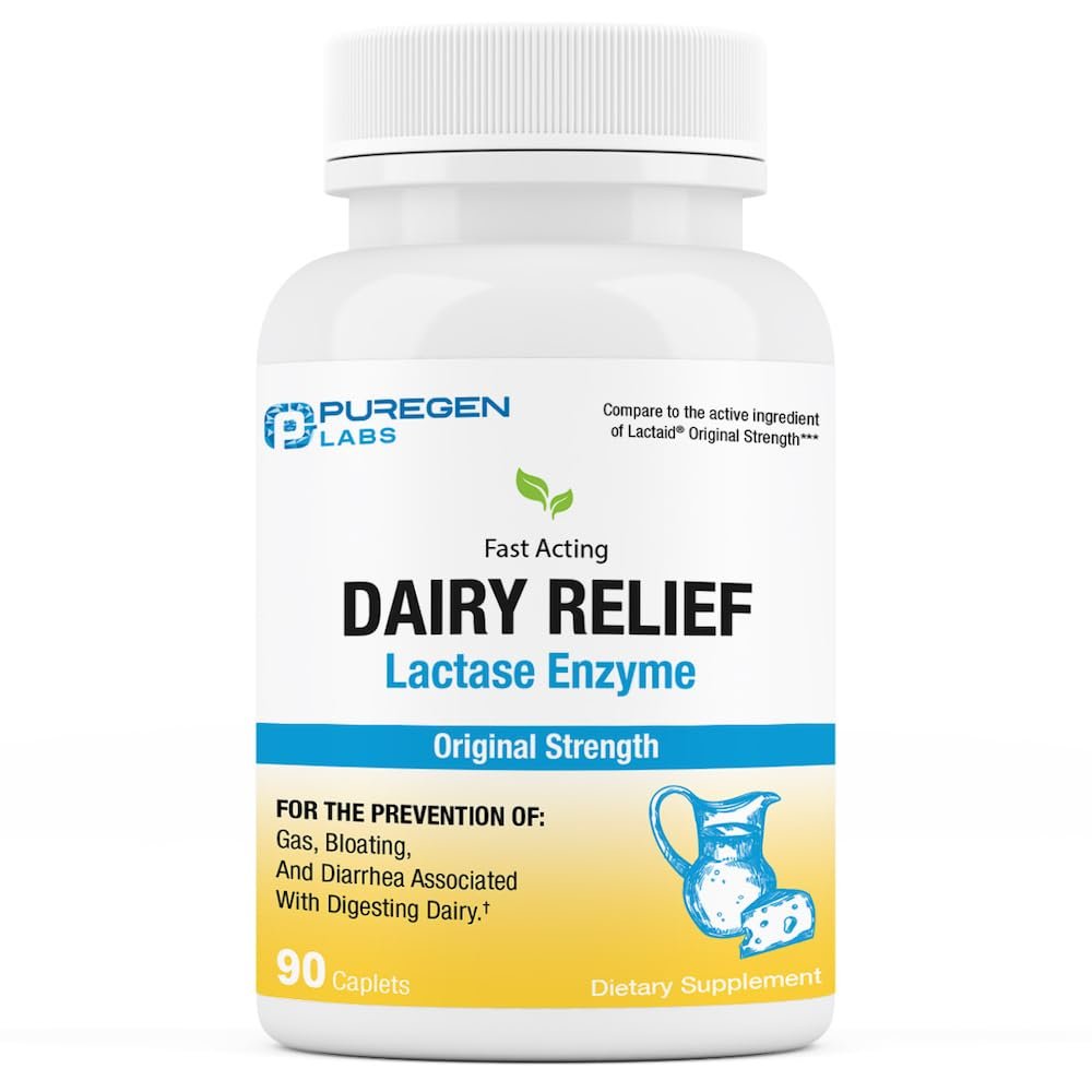 Puregen Labs Dairy Relief – Schnell wirkende Laktase-Enzym 3000 FCC, Laktoseintoleranz Tabletten, 90 Kapseln