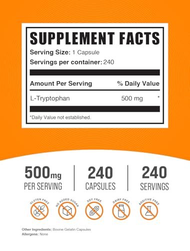BulkSupplements.com L-Tryptophan Kapseln - Tryptophan Supplement, 500 mg pro Kapsel - Aminosäure-Präparat, glutenfrei - 240 Kapseln (1 Packung)