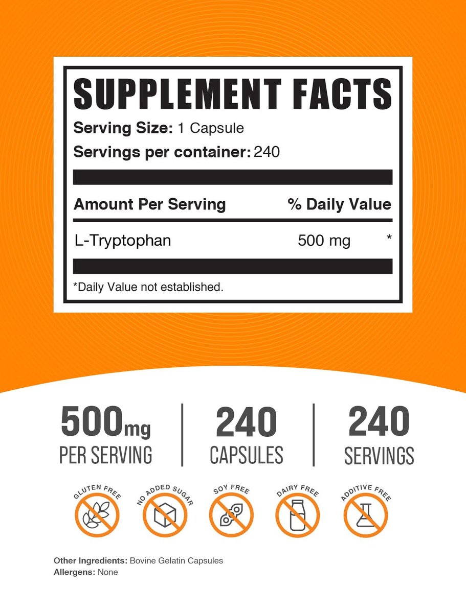 BulkSupplements.com L-Tryptophan Kapseln - Tryptophan Supplement, 500 mg pro Kapsel - Aminosäure-Präparat, glutenfrei - 240 Kapseln (1 Packung)