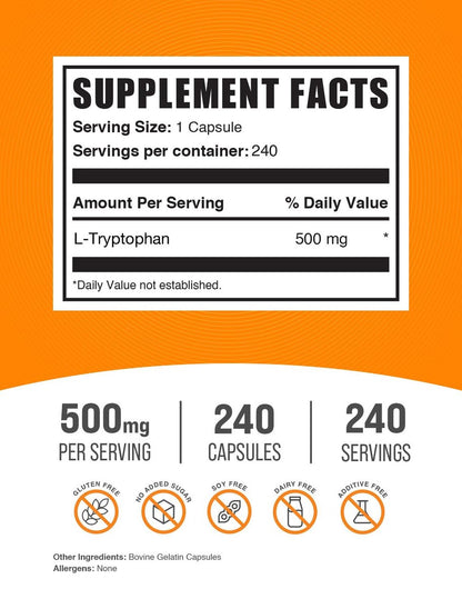 BulkSupplements.com L-Tryptophan Kapseln - Tryptophan Supplement, 500 mg pro Kapsel - Aminosäure-Präparat, glutenfrei - 240 Kapseln (1 Packung)