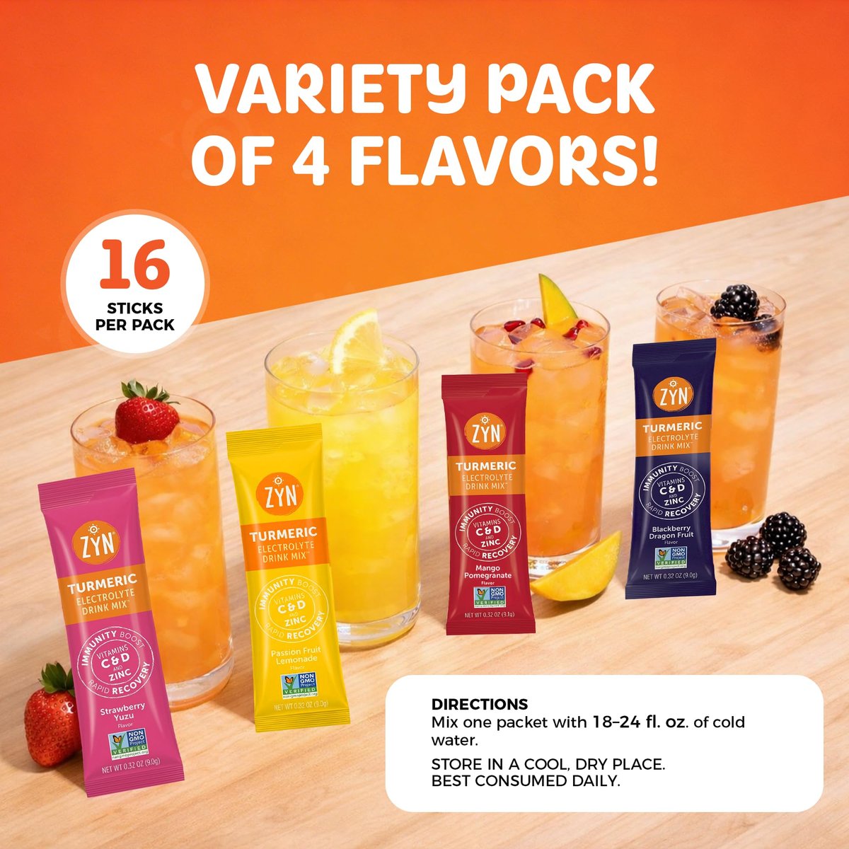 ZYN Electrolyte Drink Mix Hydration Packets – 16er-Pack Variety mit Kurkuma, Vitamin C, D, Zink & Elektrolyten für dein Wohlbefinden