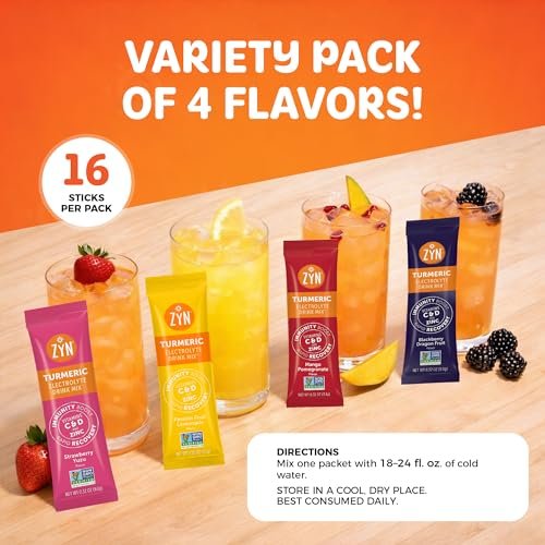 ZYN Electrolyte Drink Mix Hydration Packets – 16er-Pack Variety mit Kurkuma, Vitamin C, D, Zink & Elektrolyten für dein Wohlbefinden