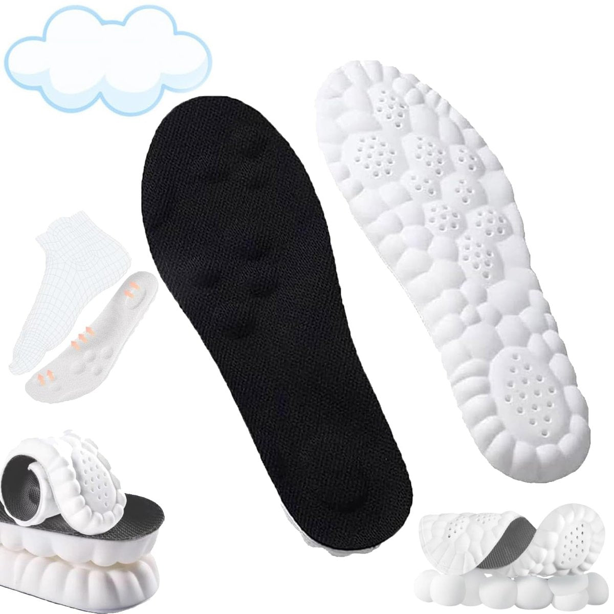 Konenbra 4D Einlegesohlen - Superweiche, ultrakomfortable 4D-Cloud-Technologie für Fuß- und Gelenkunterstützung, Akupressur-Massageeinlage (Schwarz, US 8-9)
