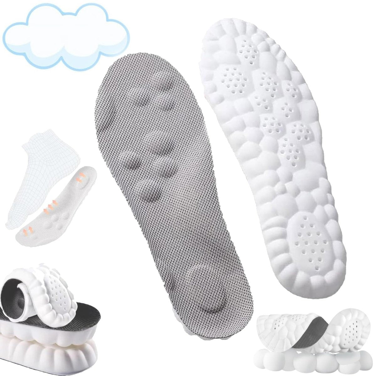 4D Einlegesohlen - 4D Cloud Technologie Einlegesohle - Super Weiche, Ultrakomfortable Einlegesohlen, 4D Sportschuhe Einlegesohlen, Akupressur-Massage-Einlegesohle für Fuß- und Gelenkunterstützung (7-8, Grau)
