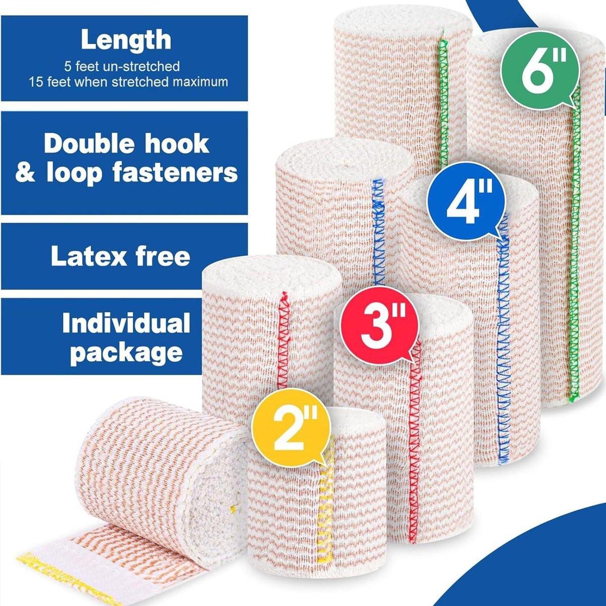 AZEN Premium 8er-Pack elastische Bandagen (2x2", 2x3", 2x4", 2x6") – Kompressionswickel für Beine, Knöchel, Knie, Bauch, Körper, latexfrei, Lymphödem-Wickel