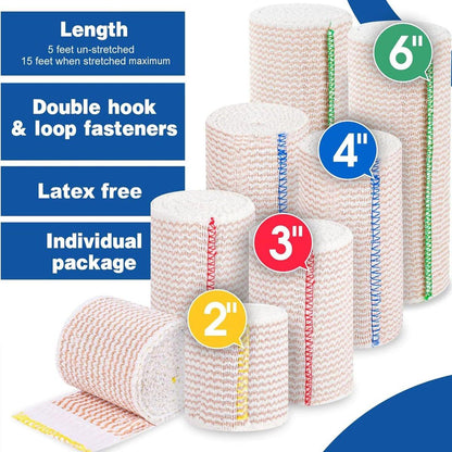 AZEN Premium 8er-Pack elastische Bandagen (2x2", 2x3", 2x4", 2x6") – Kompressionswickel für Beine, Knöchel, Knie, Bauch, Körper, latexfrei, Lymphödem-Wickel