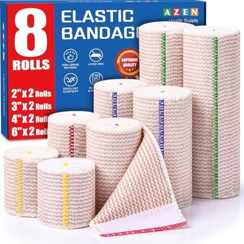 AZEN Premium 8er-Pack elastische Bandagen (2x2", 2x3", 2x4", 2x6") – Kompressionswickel für Beine, Knöchel, Knie, Bauch, Körper, latexfrei, Lymphödem-Wickel