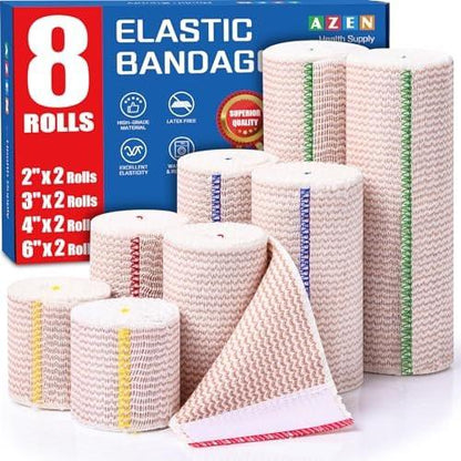 AZEN Premium 8er-Pack elastische Bandagen (2x2", 2x3", 2x4", 2x6") – Kompressionswickel für Beine, Knöchel, Knie, Bauch, Körper, latexfrei, Lymphödem-Wickel