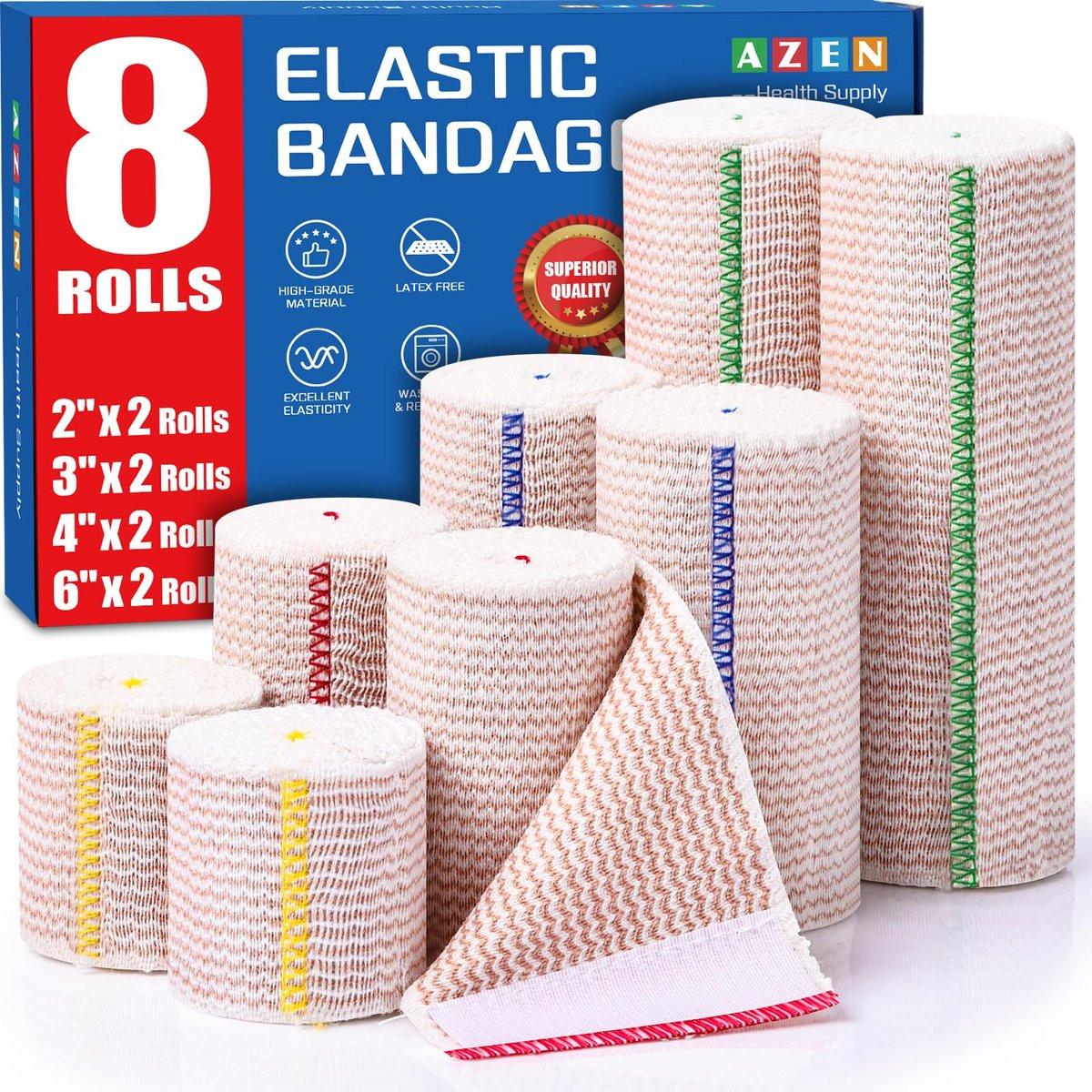 AZEN Premium 8er-Pack elastische Bandagen (2x2", 2x3", 2x4", 2x6") – Kompressionswickel für Beine, Knöchel, Knie, Bauch, Körper, latexfrei, Lymphödem-Wickel