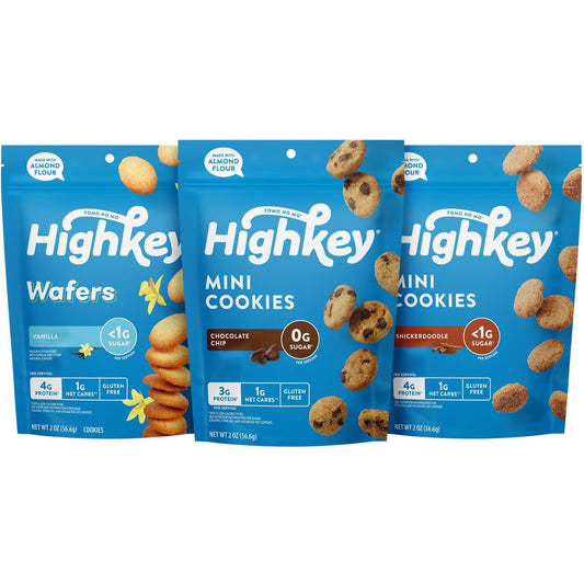 HighKey Zuckerfreie Kekse Sortenpaket - 6,0 oz Keto Snacks, Null Kohlenhydrate, Kein Zucker, 3er-Pack Schokoladenkekse, Snickerdoodle, Vanillewaffeln, Low Carb, Glutenfrei, Diabetikerfreundlich, Diätfreundlich