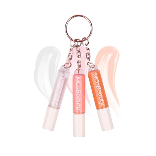 MCoBeauty Lip Gloss Trio – 3-in-1 Keychain Mini Glosses Set – Hochglänzend, feuchtigkeitsspendend, nicht klebrig, klare & getönte Lippenfarben – Vegan & Tierversuchsfrei