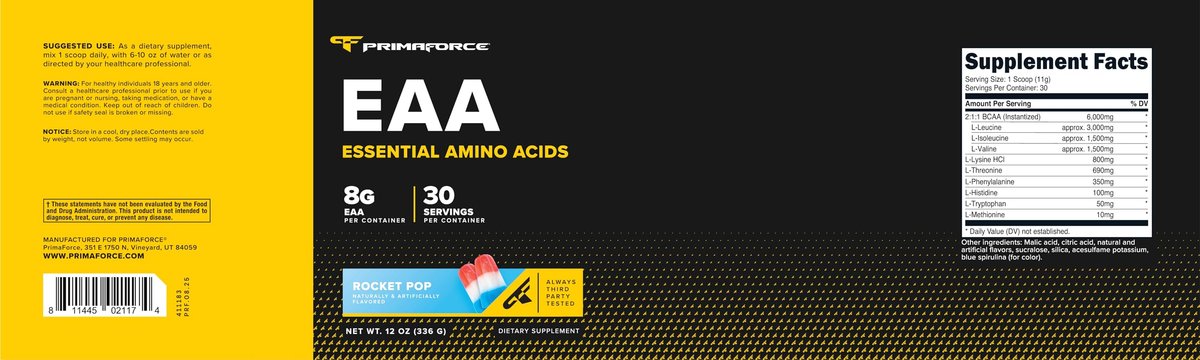 Primaforce EAA Pulver (30 Portionen, Rocket Pop Geschmack) – Essentielle Aminosäuren für Pre/Intra-Workout und Erholung – Nicht-GVO und Glutenfrei