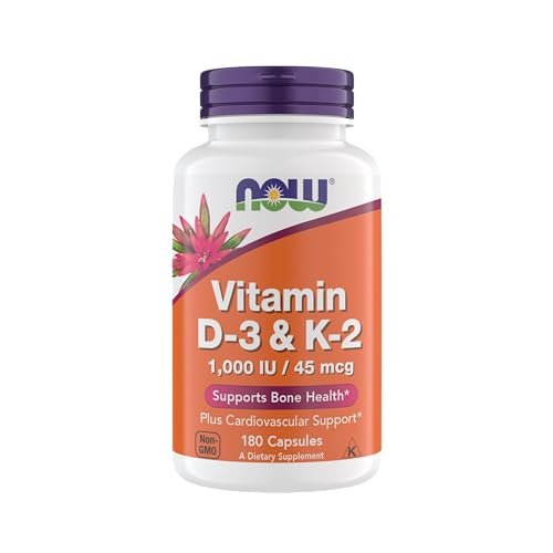 Now Supplements Vitamin D3 K2, 1.000 IE/45 mcg, Herz-Kreislauf-Unterstützung, Knochengesundheit, 180 vegane Kapseln - Vegan, Glutenfrei, Koscher