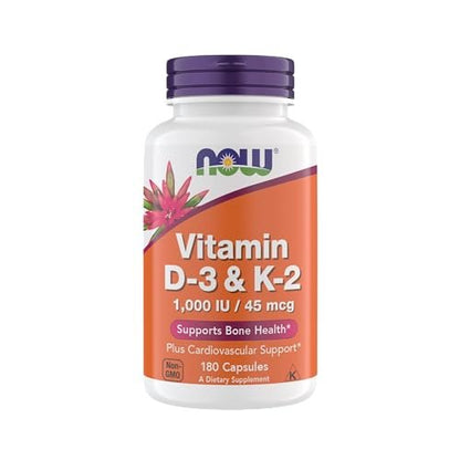 Now Supplements Vitamin D3 K2, 1.000 IE/45 mcg, Herz-Kreislauf-Unterstützung, Knochengesundheit, 180 vegane Kapseln - Vegan, Glutenfrei, Koscher