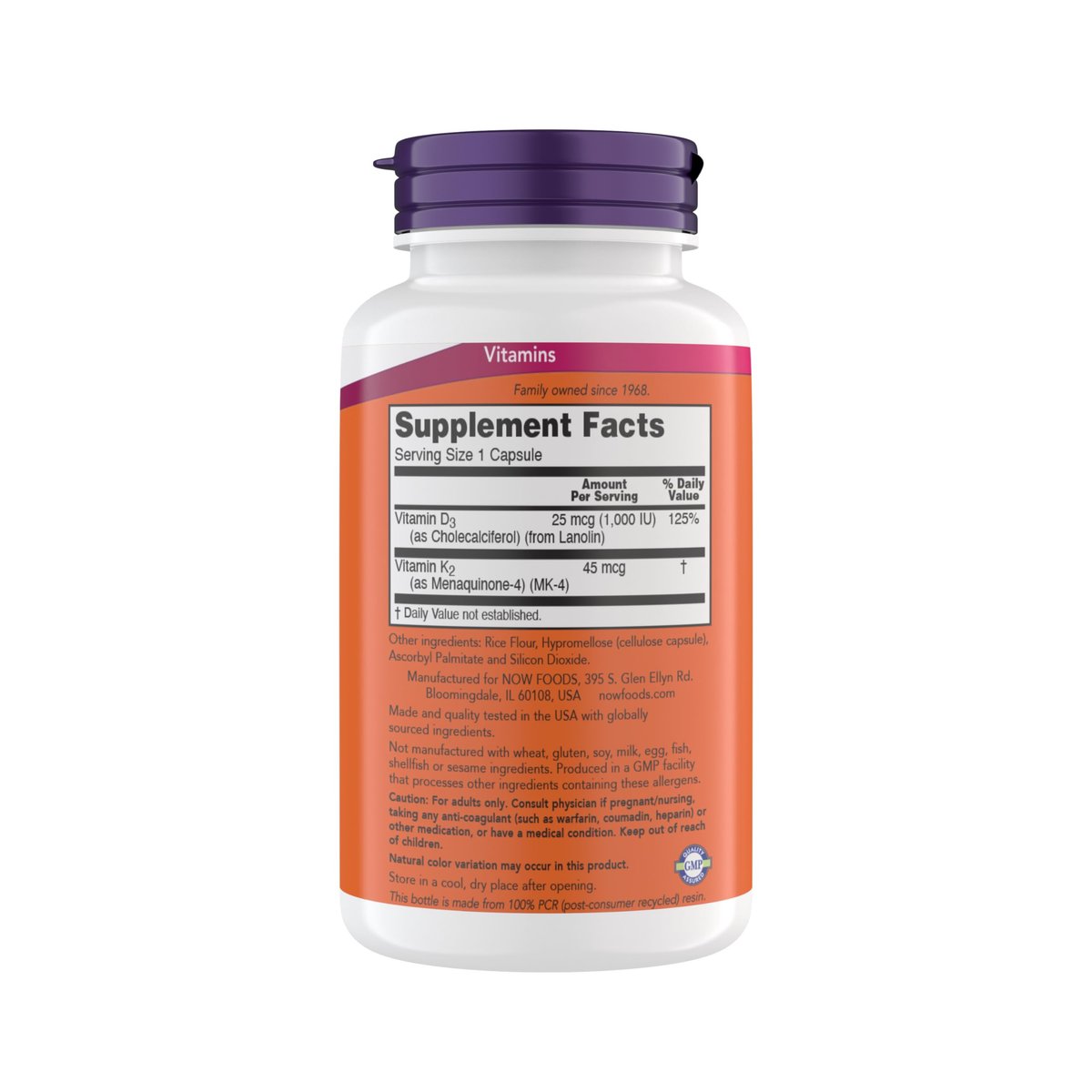 Now Supplements Vitamin D3 K2, 1.000 IE/45 mcg, Herz-Kreislauf-Unterstützung, Knochengesundheit, 180 vegane Kapseln - Vegan, Glutenfrei, Koscher