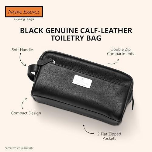 NATIVE ESSENCE Leder Kulturbeutel – Schwarze echte Kalbsleder Reisetasche, Handgemachte Kosmetiktasche, Luxuriöse Rasurtasche, Badorganizer, Stilvolles Pflegeset für Männer und Frauen, Geschenkverpackt
