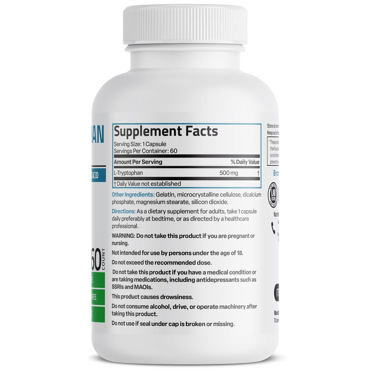 Bronson L-Tryptophan 500 mg – Hochdosierte essentielle Aminosäure für Entspannung & positive Stimmung, 60 Kapseln