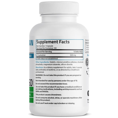 Bronson L-Tryptophan 500 mg – Hochdosierte essentielle Aminosäure für Entspannung & positive Stimmung, 60 Kapseln