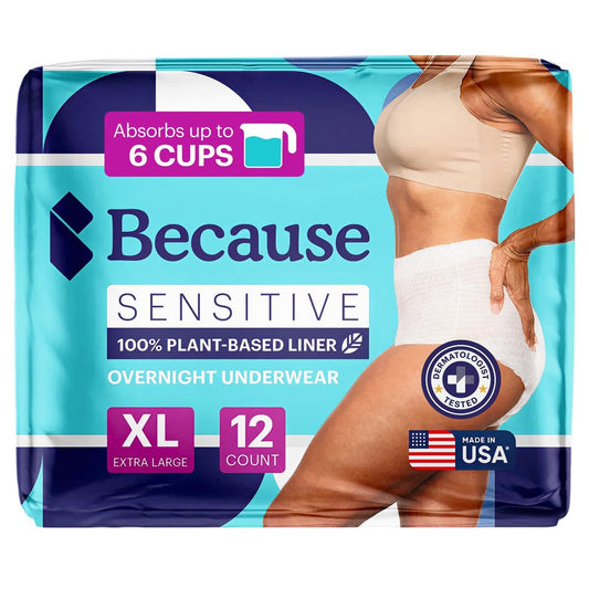 Because Premium Nacht-Inkontinenzslip für empfindliche Haut – Damen – Einweg, geruchsneutralisierend – Weiß, X-Large – Saugt 6 Tassen – 12 Stück (1 Packung)