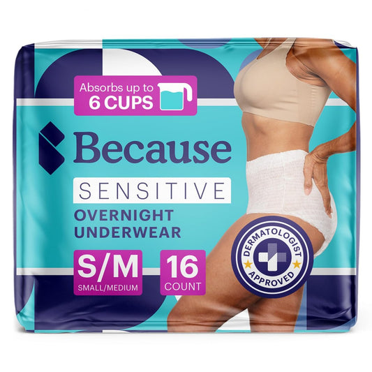 Because Inkontinenzslip für empfindliche Haut – Damen – Premium Übernachteinlagen, geruchshemmend – Weiß, Small/Medium – Saugt 6 Tassen – 16 Stück (1 Packung)