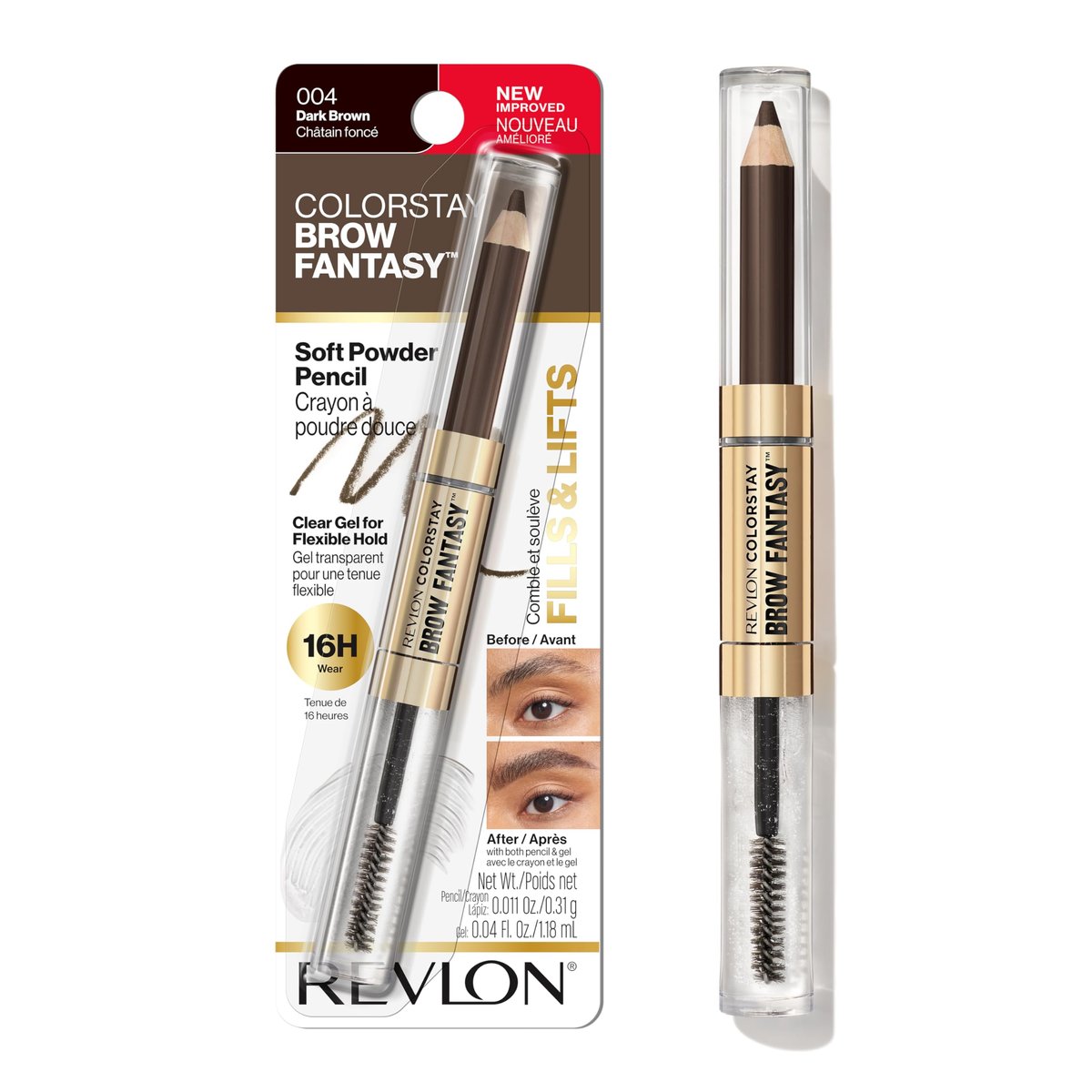 Revlon ColorStay Brow Fantasy All-in-One Augenbrauenstift mit formendem Klar-Gel, 16 Stunden sichtbar volle Brauen, 004 Dunkelbraun