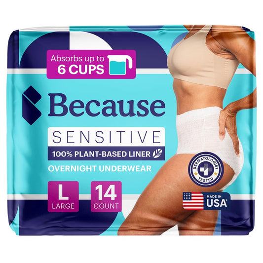 Because Inkontinenzunterwäsche für empfindliche Haut - Damen - Premium Nachtwindeln, geruchshemmend - Weiß, Large - Saugt 6 Tassen - 14 Stück (1er Pack)