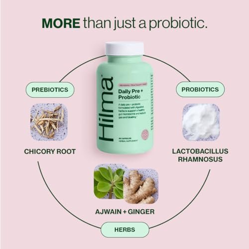 Hilma Prä- und Probiotikum mit Kräutern – Unterstützt die Darmgesundheit mit Präbiotika und Probiotika, plus Blähungen und Völlegefühl Linderung für Frauen & Männer, 60 vegane Kapseln