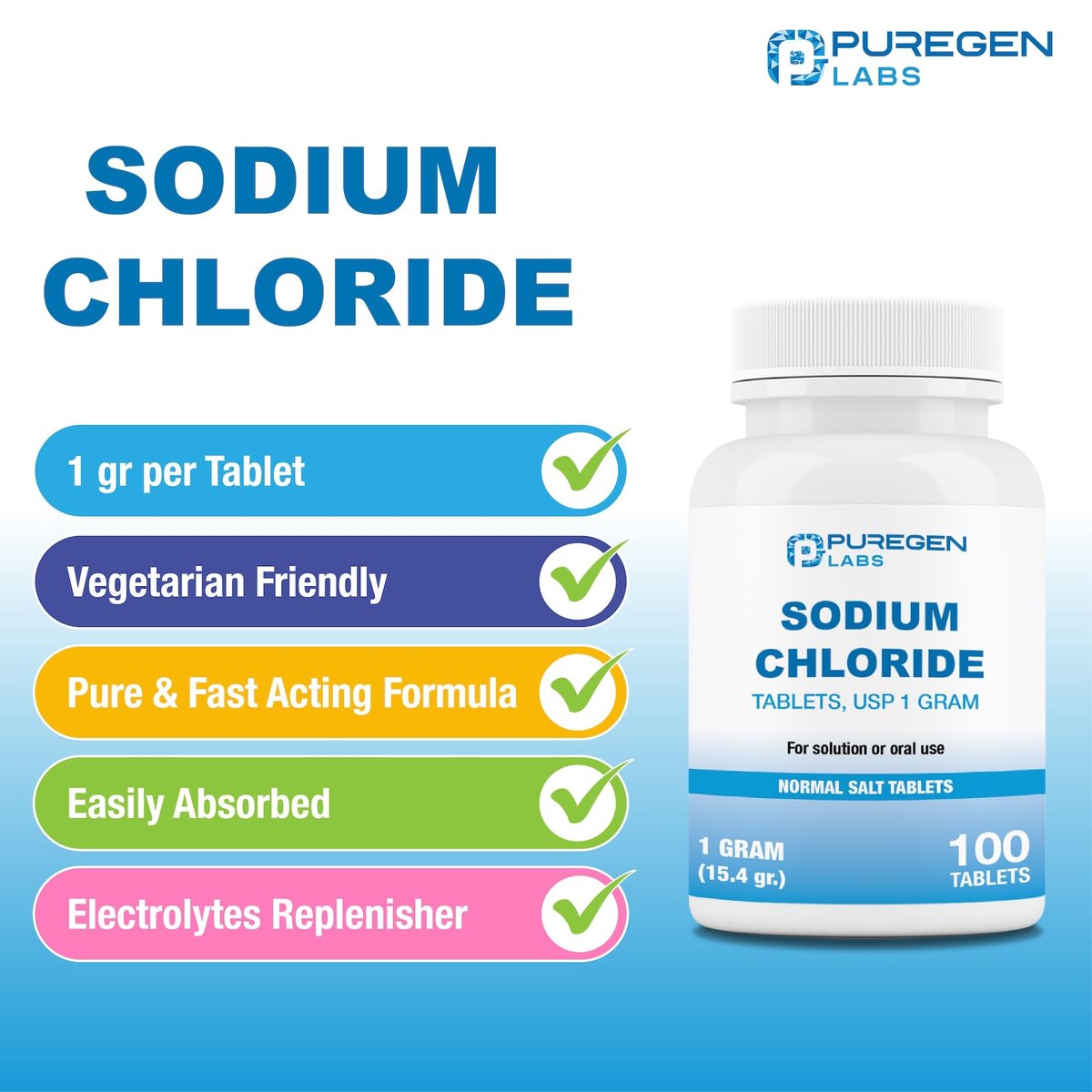 Puregen Labs Natriumchlorid-Tabletten 1 g (1000 mg), USP | (15,4 gr.) | 100 Stück | Normale Salztabletten | Elektrolyt-Auffüller für Hydratation