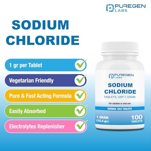 Puregen Labs Natriumchlorid-Tabletten 1 g (1000 mg), USP | (15,4 gr.) | 100 Stück | Normale Salztabletten | Elektrolyt-Auffüller für Hydratation