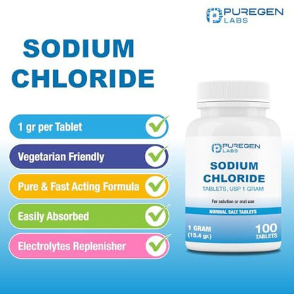 Puregen Labs Natriumchlorid-Tabletten 1 g (1000 mg), USP | (15,4 gr.) | 100 Stück | Normale Salztabletten | Elektrolyt-Auffüller für Hydratation