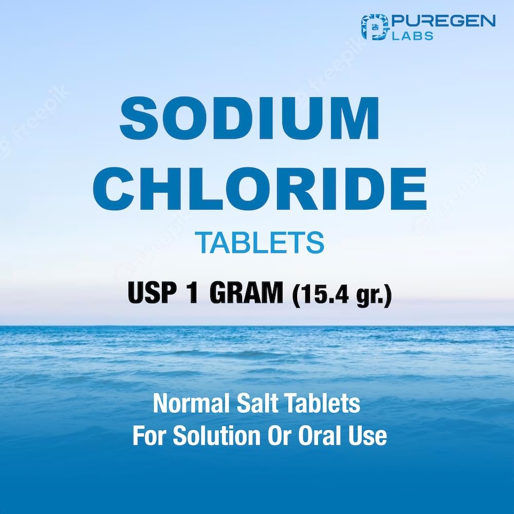 Puregen Labs Natriumchlorid-Tabletten 1 g (1000 mg), USP | (15,4 gr.) | 100 Stück | Normale Salztabletten | Elektrolyt-Auffüller für Hydratation