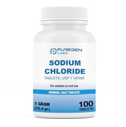 Puregen Labs Natriumchlorid-Tabletten 1 g (1000 mg), USP | (15,4 gr.) | 100 Stück | Normale Salztabletten | Elektrolyt-Auffüller für Hydratation